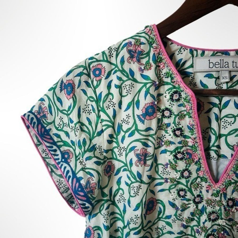 Bella Tu Savannah Floral Border Print Beaded Embroidered Tunic Dress XS Resort - Picture 4 of 12